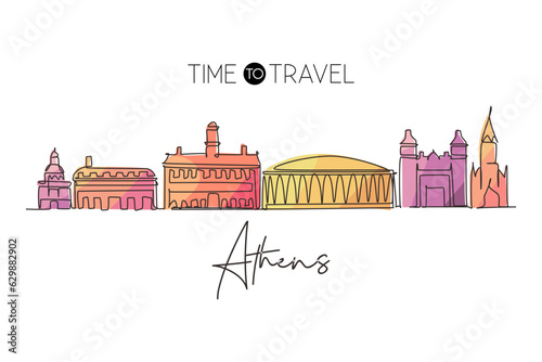 Continuous one line drawing Athens city skyline  Ohio. Beautiful landmark. Beautiful world landscape tourism travel wall decor poster  postcard. Single line draw design vector graphic illustration