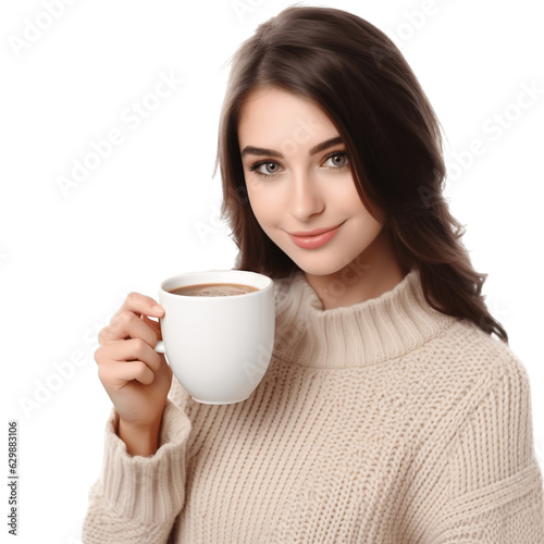Beautiful brunette woman wearing knitted beige sweater and holding a cup of tea. Isolated on transparent background.