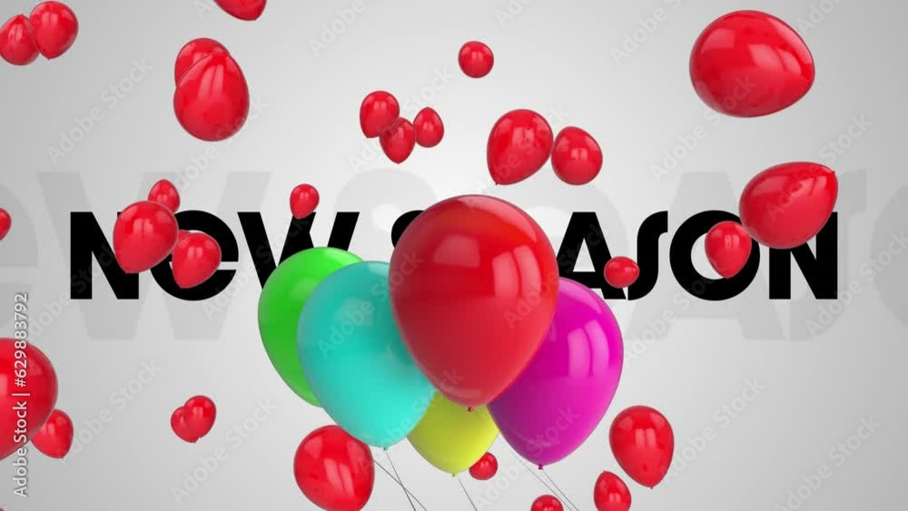 Animation of bunch of colorful balloons and red balloons floating against new season text banner Animation of bunch of colorful balloons and red balloons floating against new season text banner