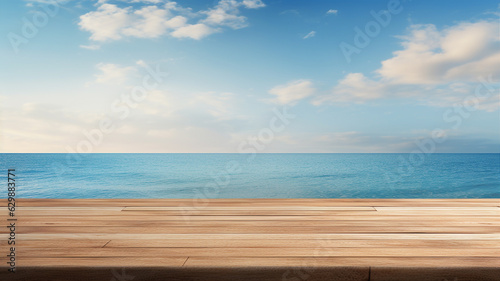 Empty wooden table with sea and blue sky background for product display. Generative AI