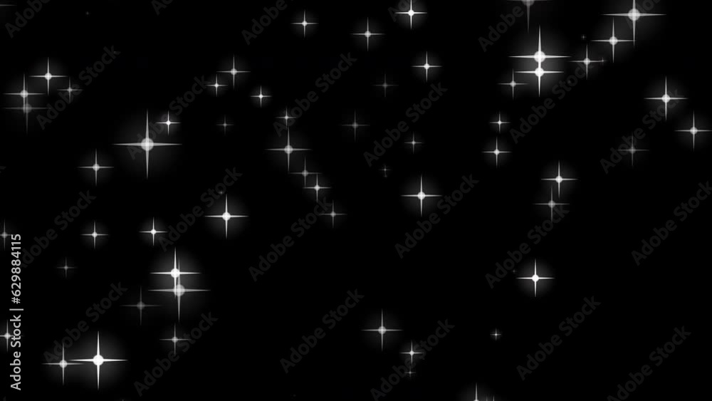 White glowing twinkling sparkles, particles stars trail transition on black background.