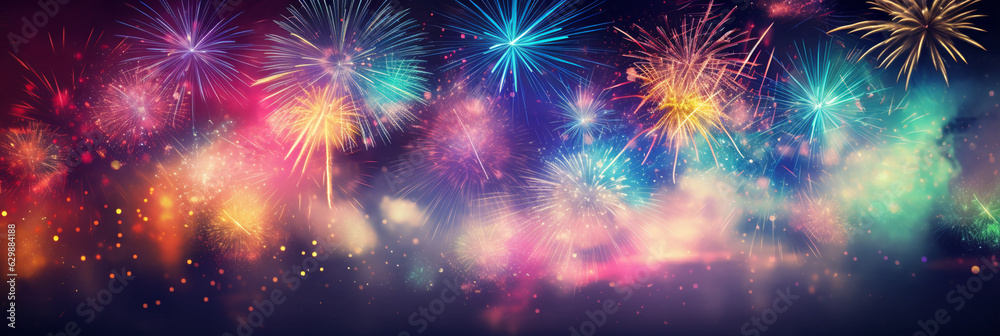 beautiful fireworks display banner at night with bokeh lights, festive background beautiful fireworks display banner at night with bokeh lights, festive background
