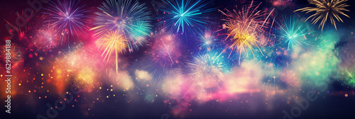 beautiful fireworks display banner at night with bokeh lights, festive background