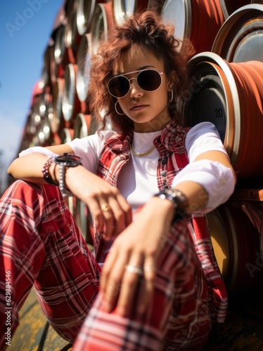 Portrait of a beautiful girl with curly hair in a red checkered shirt and sunglasses sitting on a barrel. Generative AI