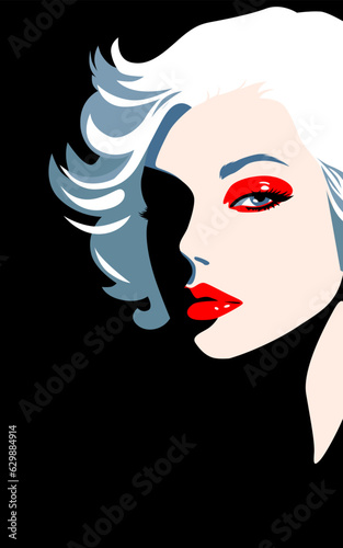 Beautiful young fashion woman looking at camera with blond hair and red lipstick, minimalism. Abstract female portrait, contemporary design, vector illustration