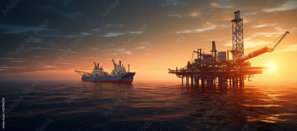 Oil platform on the ocean. Offshore drilling for gas and petroleum.