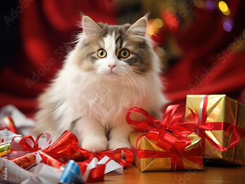 captures a mischievous cat engaging with the discarded wrapping paper and ribbons from opened Christmas gifts.