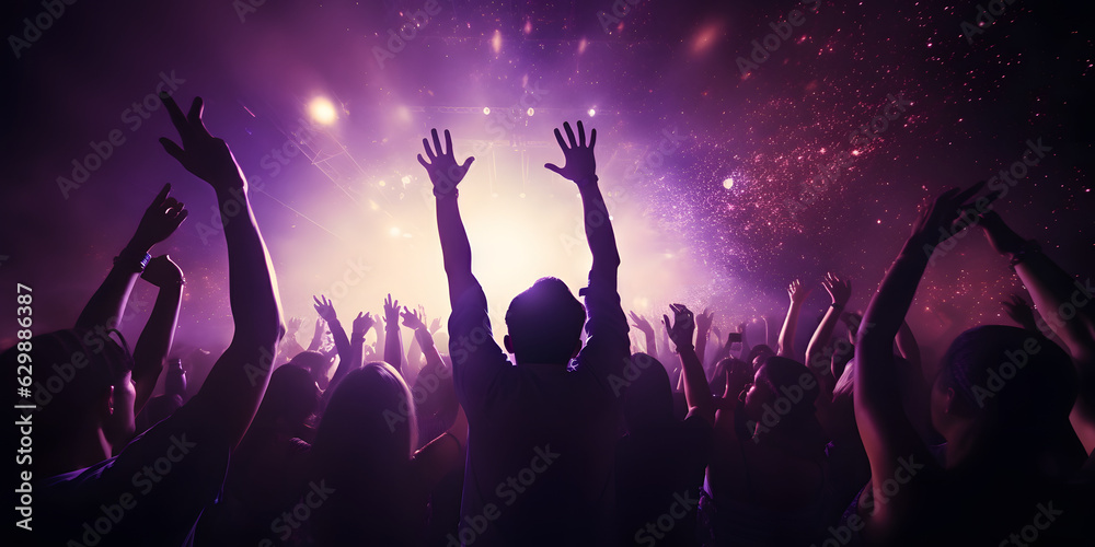 Party People dancing in the Night Club. Raising Hands in the air. Silhouette. Purple Confetti Explosion. Banner Background. 
