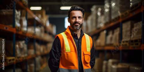 Happy Warehouse CEO Worker standing Storehouse. Blurred Background. Distribution Logistic Shipment Business Employment Concept 