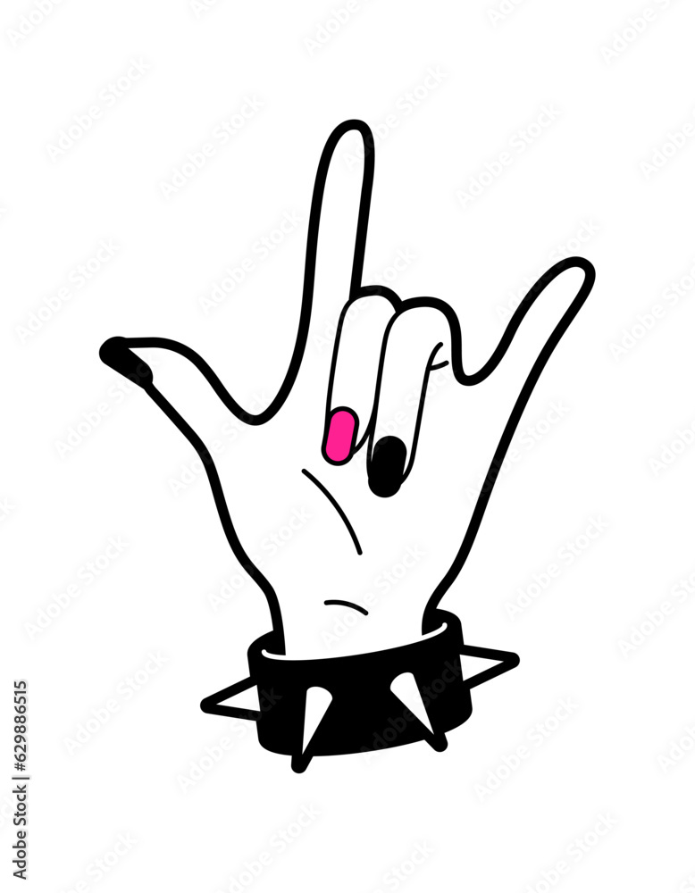 Flat vector illustration of female hand in rock gesture. Black and pink gamma. Flat vector illustration of female hand in rock gesture. Black and pink gamma.