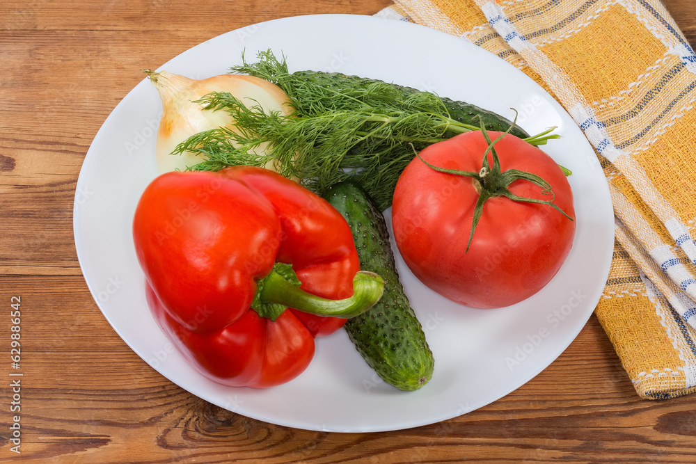 Various fresh vegetables as salad ingredients on the dish Various fresh vegetables as salad ingredients on the dish