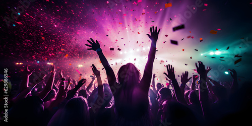 Party People dancing in the Night Club. Raising Hands in the air. Silhouette. Purple Confetti Explosion Lights. Banner Background. 