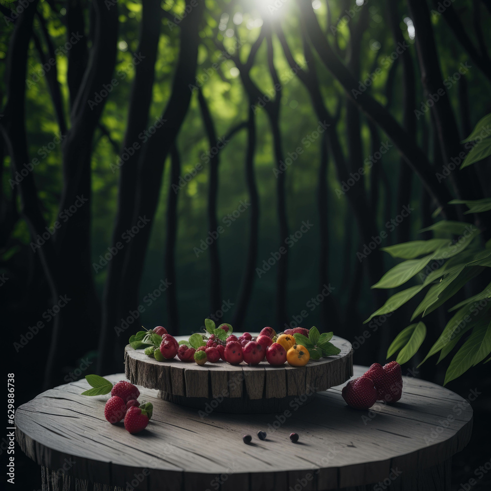 Rustic Round Table Top With Forest Berries Fruits, Modern Background Design For Product Display, Generative AI Rustic Round Table Top With Forest Berries Fruits, Modern Background Design For Product Display, Generative AI