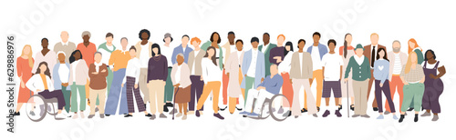 Different people stand side by side together. Flat vector illustration.