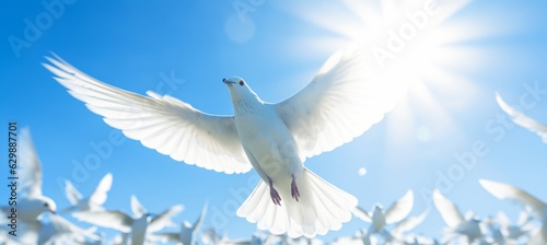 Flying dove bird. Holy spirit religion faith concept. Generative AI technology.