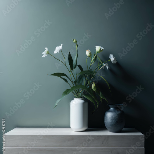 Modern Style Table Top Counter With Flowers, Fresh Background Design For Cosmetic and Fragrances Product Display, Generative AI