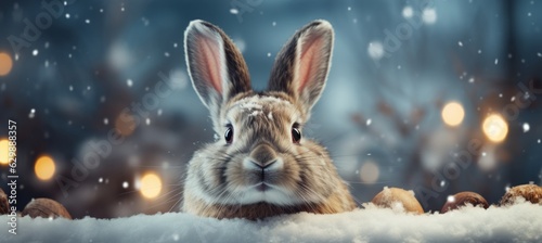 Rabbit bunny on winter forest night background. Generative AI technology.
