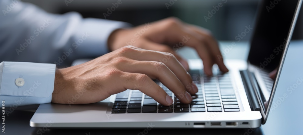 Businessman working on laptop. Generative AI technology. Businessman working on laptop. Generative AI technology.