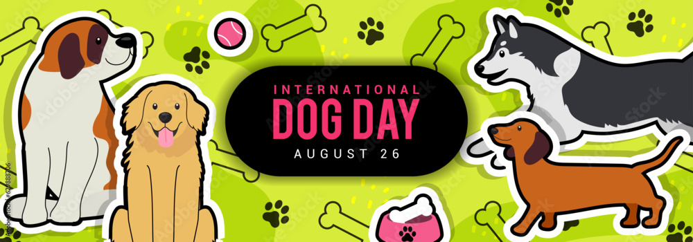 Happy International Dog day banner vector design. Cute cartoon dogs on paw pattern background - obrazy, fototapety, plakaty 