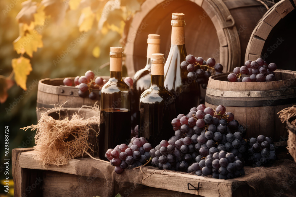 Bottles and wineglasses with grapes and barrel in rural scene background. Traditional winemaking and wine tasting, generative AI