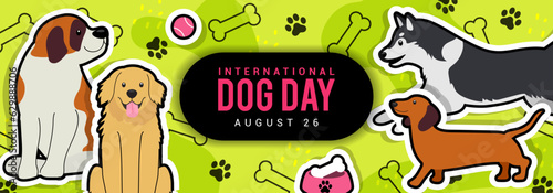 Happy International Dog day banner vector design. Cute cartoon dogs on paw pattern background