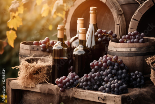Bottles and wineglasses with grapes and barrel in rural scene background. Traditional winemaking and wine tasting, generative AI