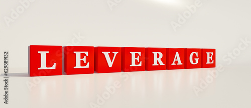 Red dices with white letters and the word leverage. Debt finance, risk, balance, business finance and industry, credit, capital and investment. 3D illustration