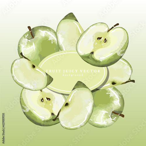 Juicy fruit background with green apples. Frame for text, advertising. Apple background for decor, covers, postcards and presentations.