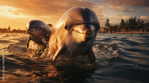 Foto Dolphins jumping out of the water poster with copy space