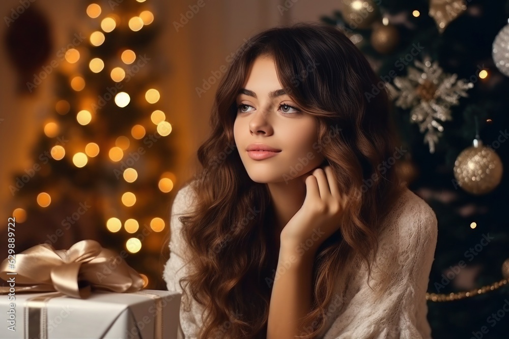 A happy young woman looks forward to wrapping the Christmas presents beautifully. A happy young woman looks forward to wrapping the Christmas presents beautifully.