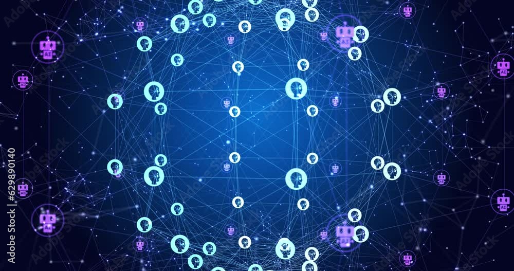 Animation of people and robot icons connecting with lines and forming globe Animation of people and robot icons connecting with lines and forming globe