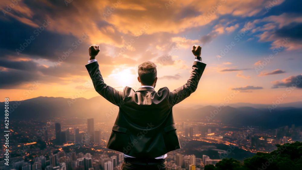 Man in a business suit standing with arms raised over the city. Success conceptual image. Generative AI Man in a business suit standing with arms raised over the city. Success conceptual image. Generative AI
