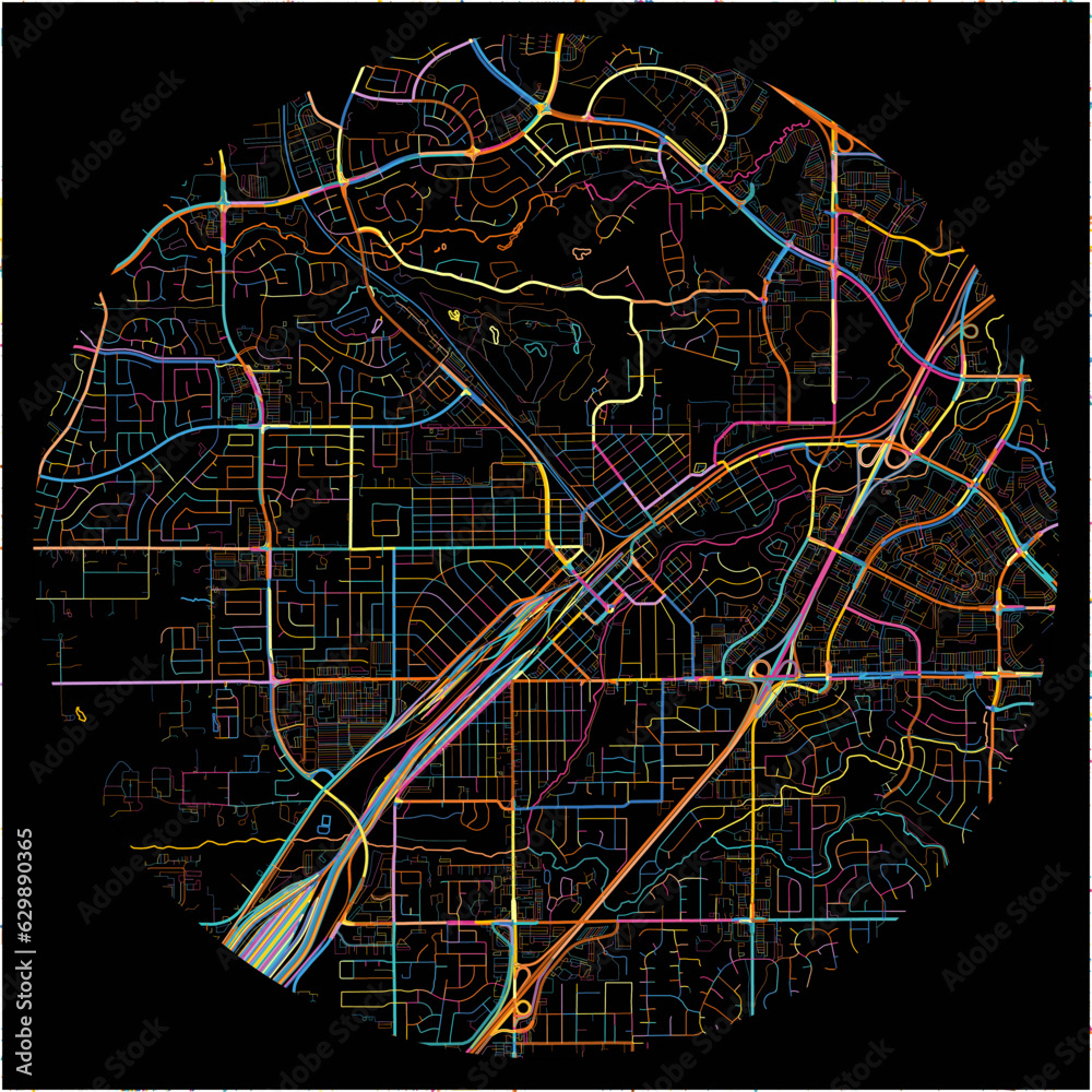 Colorful Map of Roseville, California with all major and minor roads.