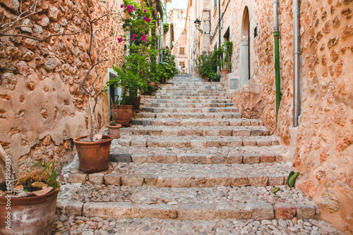 View of a medieval street in the Old Town of the picturesque Spanish-style village Fornalutx  Majorca or Mallorca island