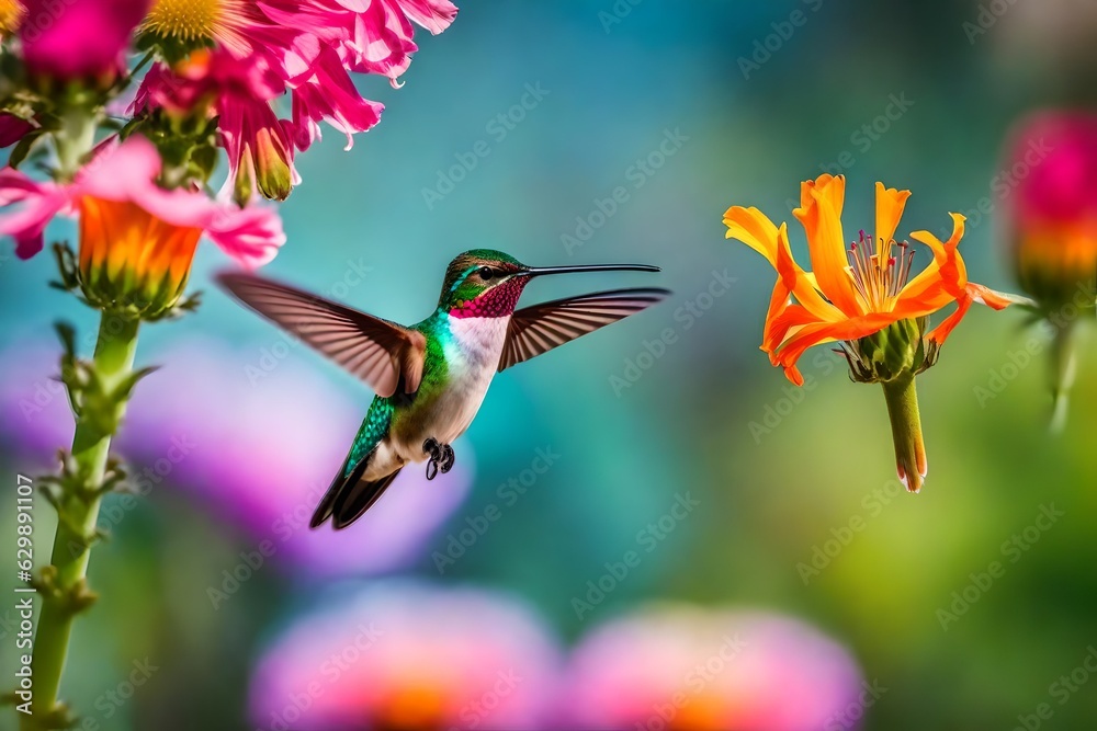 small hummingbird with colorful plumage flying near colorful blooming flowers on blurred background