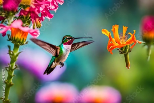 small hummingbird with colorful plumage flying near colorful blooming flowers on blurred background