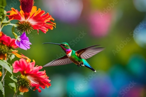 small hummingbird with colorful plumage flying near colorful blooming flowers on blurred background © Pretty Panda