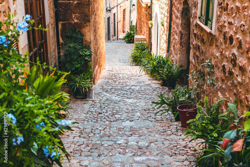 View of a medieval street in the Old Town of the picturesque Spanish-style village Fornalutx  Majorca or Mallorca island