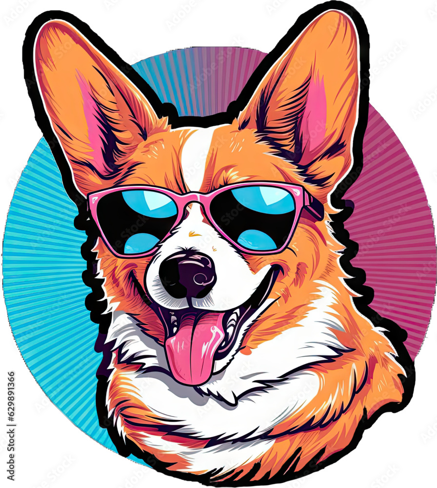 Obraz premium Happy corgi smiling with a cute little face and tongue hanging out and short legs wearing sunglasses. Vector Illustration.