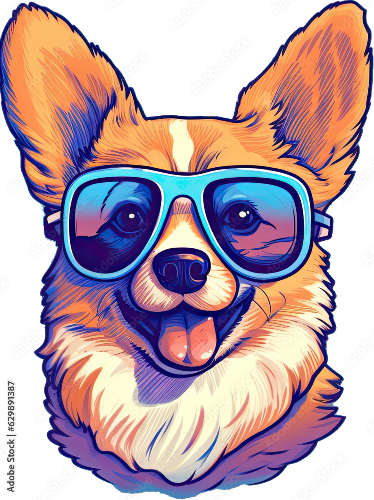 Happy corgi smiling with a cute little face and tongue hanging out and short legs wearing sunglasses.  Vector Illustration.  