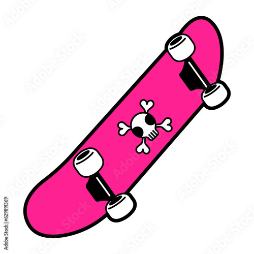 Flat bright vector illustration of a skull and crossbones print skateboard. Pink and black