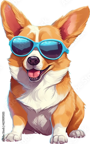Happy corgi smiling with a cute little face and tongue hanging out and short legs wearing sunglasses.  Vector Illustration.   © Jason