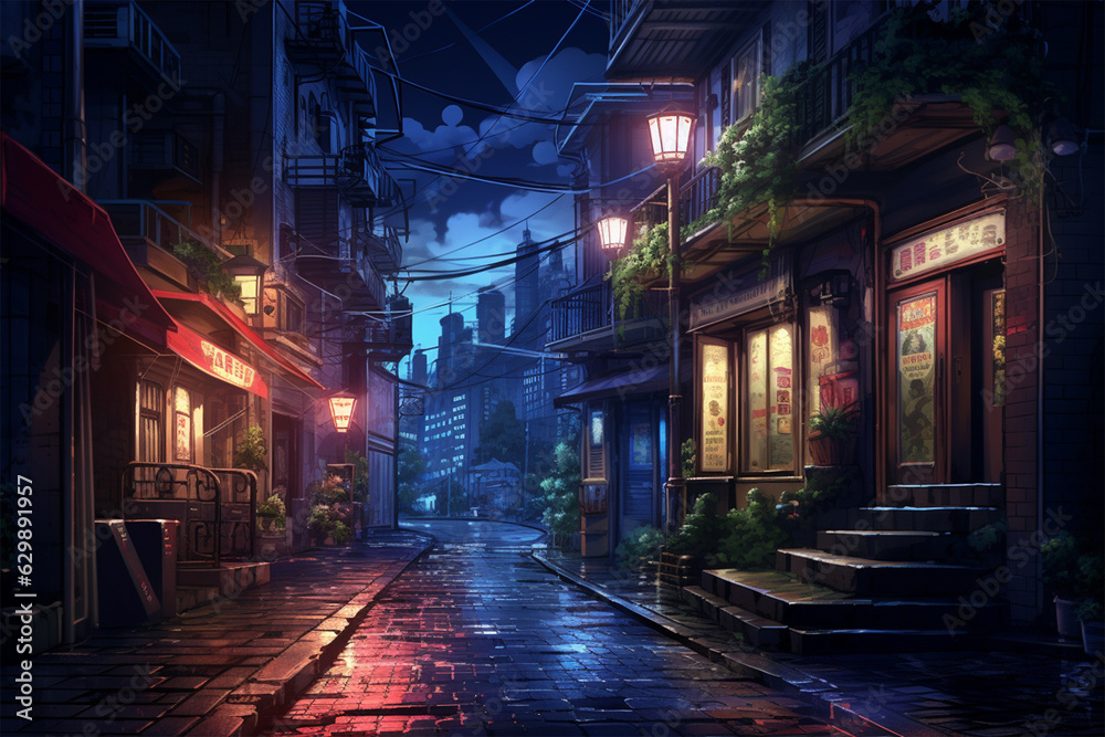 view with narrow street at nighttime anime style