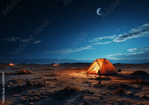 a white tent in a desert at night with a full moon