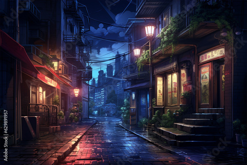 view with narrow street at nighttime anime style © luffy1