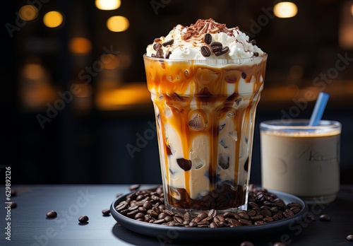 an iced coffee with coffee beans and chocolate