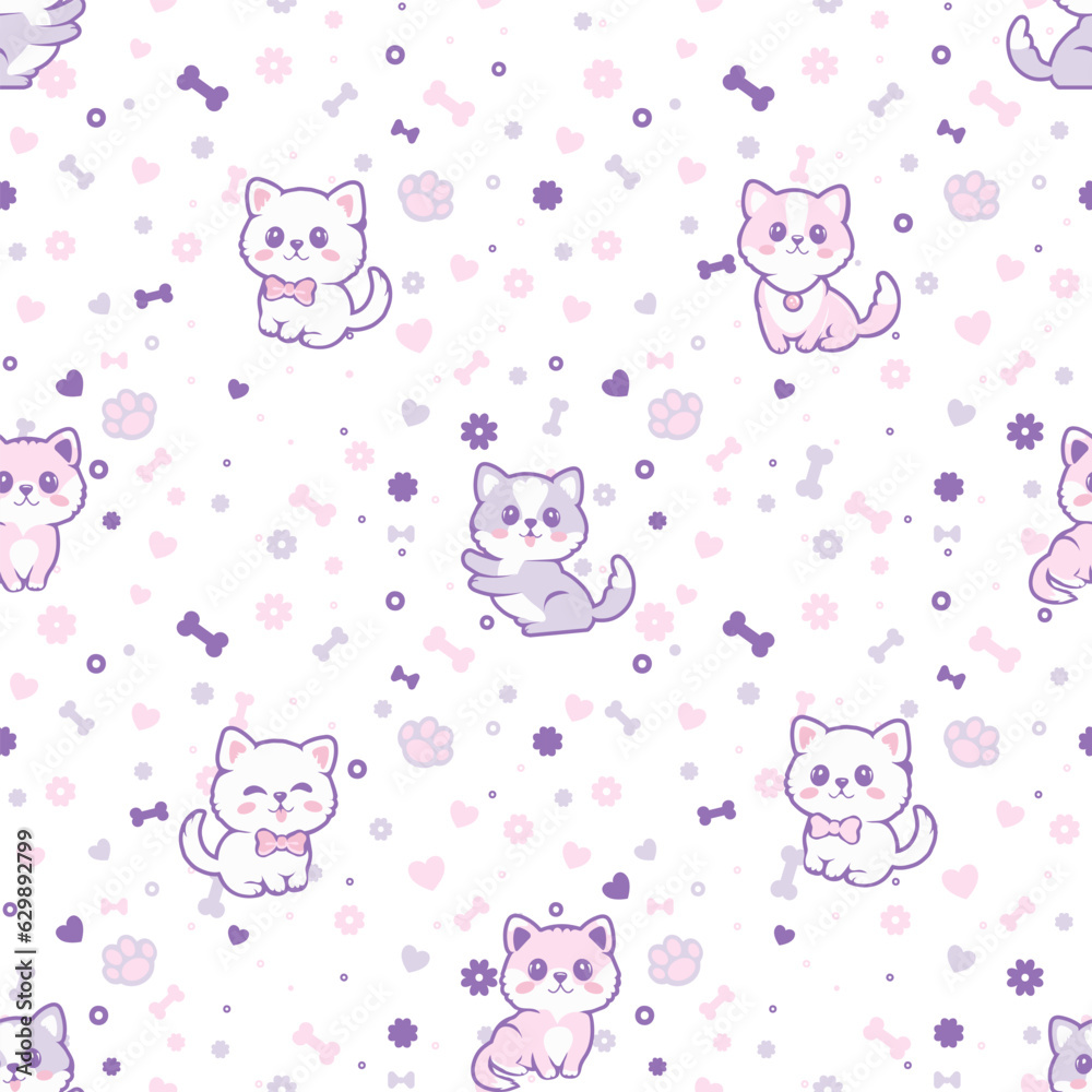 Seamless pattern with cute dogs, puppi.
