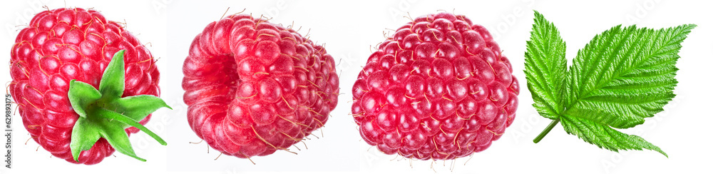 Set of raspberries and raspberry leaf isolated on white background. Set of raspberries and raspberry leaf isolated on white background.