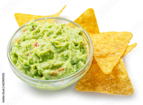 Guacamole sauce and tortilla chips, popular Mexican food  isolated on white background.
