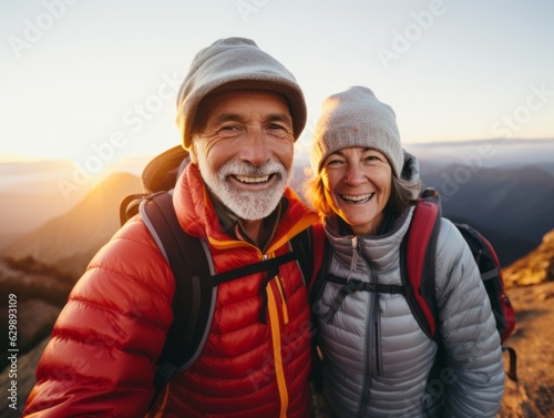 An active senior couple hiking in the mountains wearing beanies, puffer jackets, and backpacks at dawn, smiling. Mountains are in the background and the sun is rising in the horizon. © Paleta Images